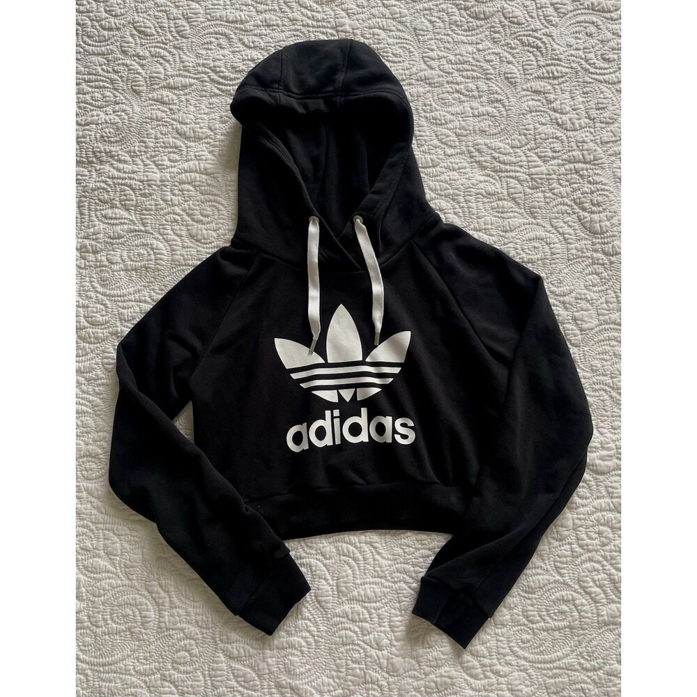 Adidas Originals Trefoil Cropped Hoodie Womens XS Black White Pullover
